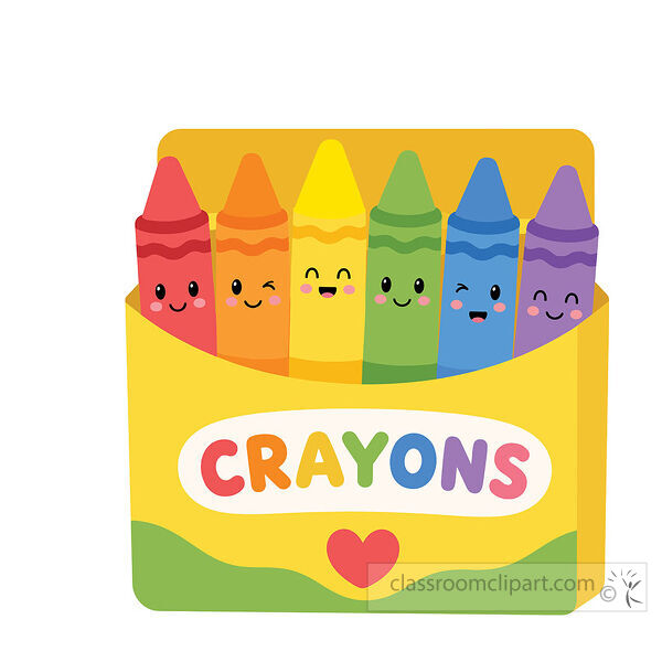 Crayons clipart with six smiling colorful crayons in a yellow box labeled crayons and a red heart