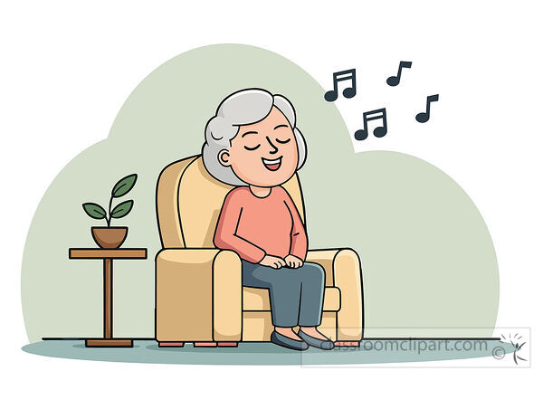 Smiling elderly woman sitting in a yellow armchair beside a small plant with music notes above her