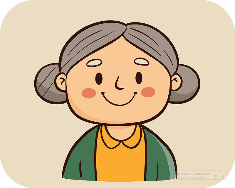 Cheerful senior woman character with traditional hairstyle and warm smile