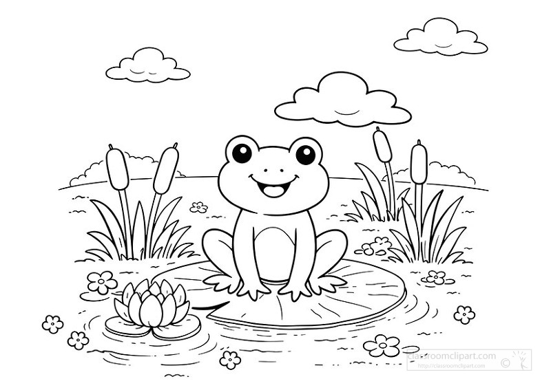 Black and white coloring page of happy frog sitting on lily pad in peaceful pond scene