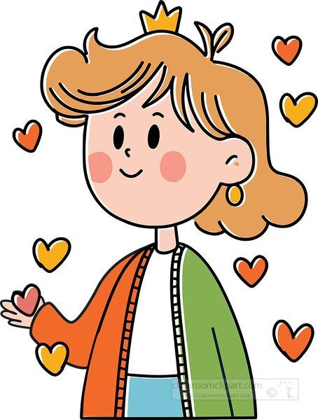 illustration of a smiling girl wearing a crown with colorful hearts around representing happiness and love