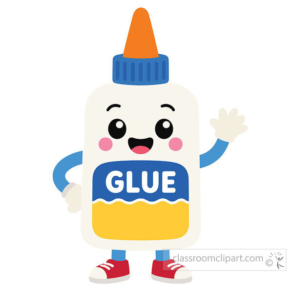 A smiling glue bottle with a blue cap waves while wearing red shoes and a yellow blue label