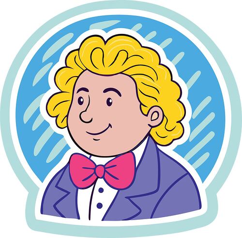 A cartoon illustration of a historian with curly blonde hair in a formal suit and bow tie on a round sticker