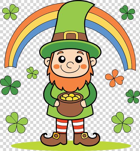 A smiling leprechaun holding a pot of gold while standing in a field of clovers with a rainbow in the background