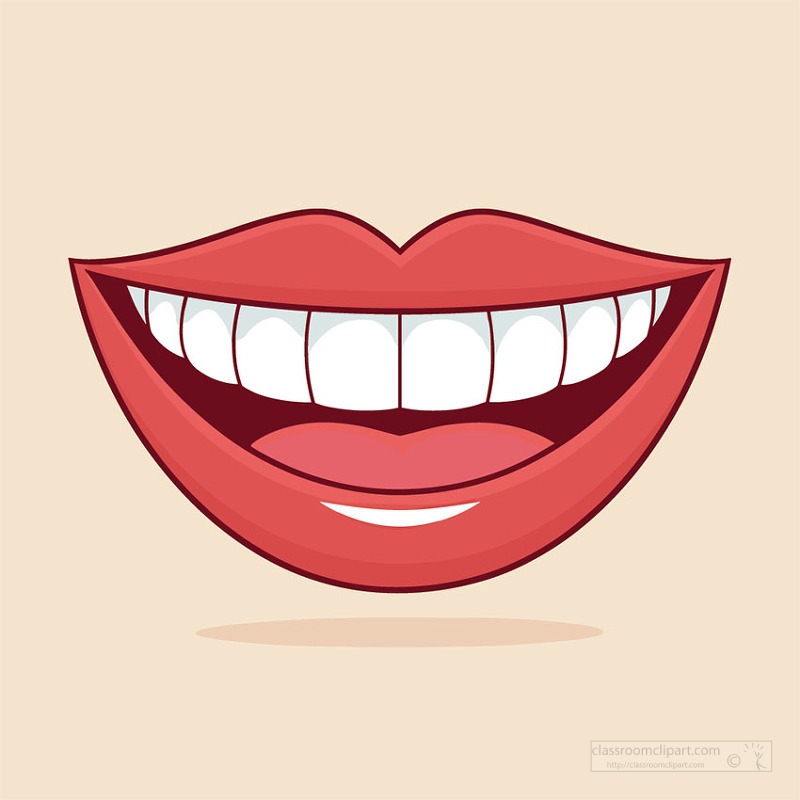 glossy red lips showing healthy white teeth in clean vector style