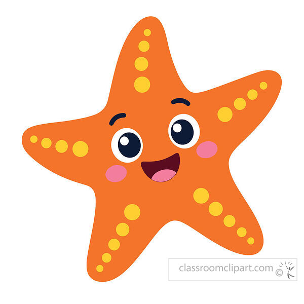 A smiling orange starfish with yellow spots has wide eyes rosy cheeks and an open happy mouth