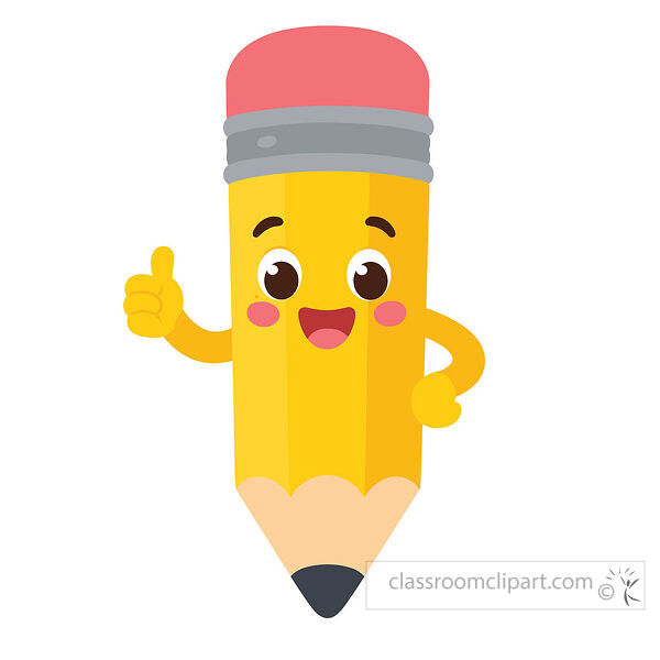 Pencil clipart with a smiling yellow pencil character giving a thumbs up with pink eraser