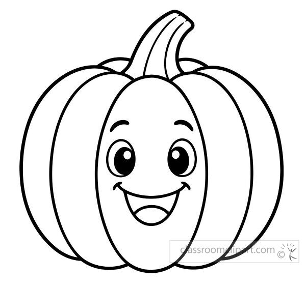 Large cheerful pumpkin coloring page with bright eyes curved stem rounded sections and a wide friendly smile