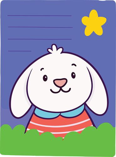 A fluffy white puppy with a red striped shirt on a blue notepad with a yellow star