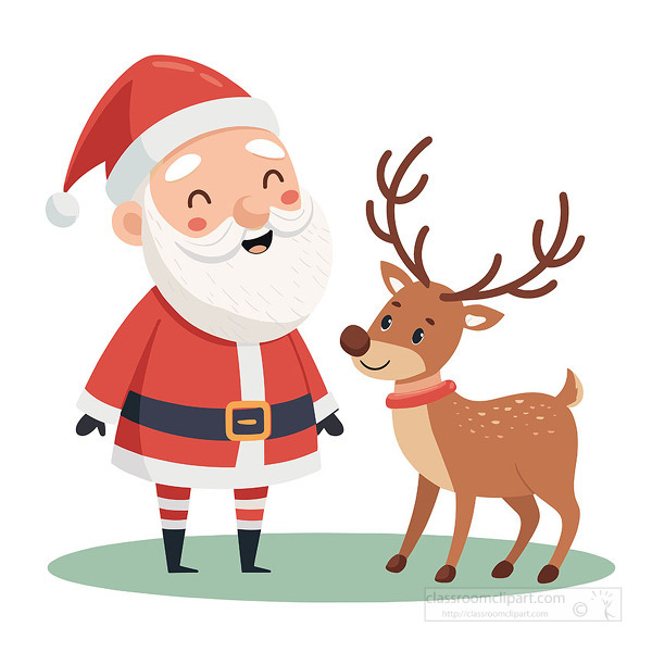 Santa Claus smiles warmly while standing beside a gentle reindeer. The cheerful holiday scene captures the magic of Christmas