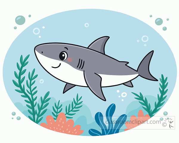 Shark clipart showing a smiling gray shark swimming underwater with seaweed bubbles and coral