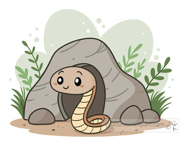 Snake clipart showing a smiling brown snake peeking from a gray rock cave with green plants around it