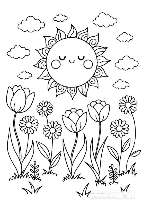 Black and white coloring page of happy sun shining over blooming spring flowers