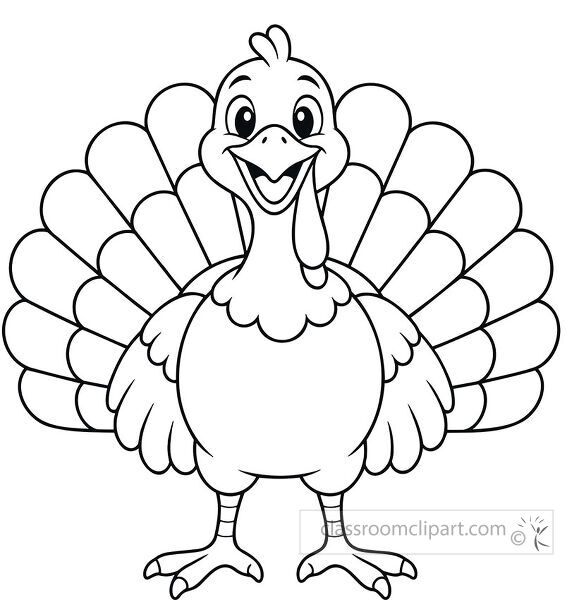 Front facing smiling turkey with large fan tail feathers and simple bold outlines for Thanksgiving coloring