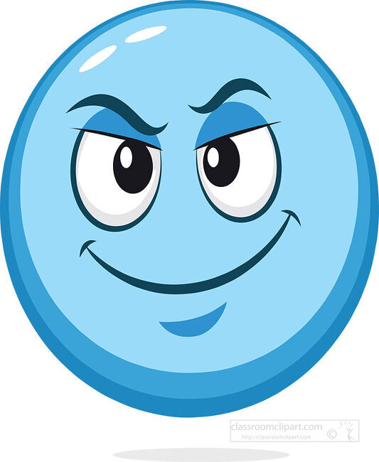 Blue emoji face with raised angled eyebrows sideways eyes and a confident curved smirk