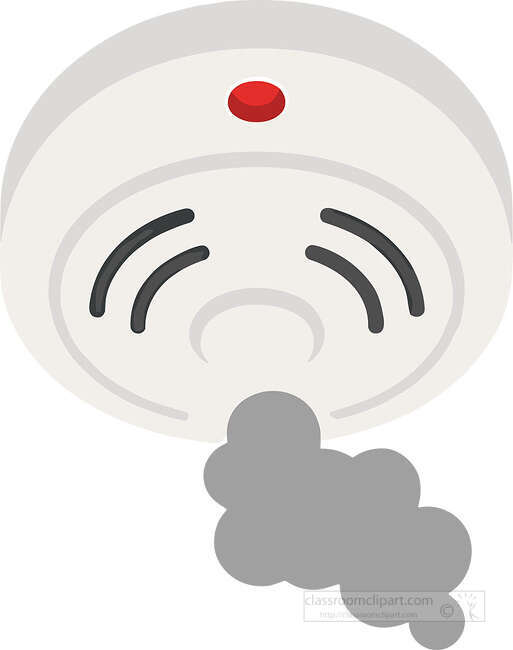 White smoke detector with red button sound lines and gray smoke rising below it