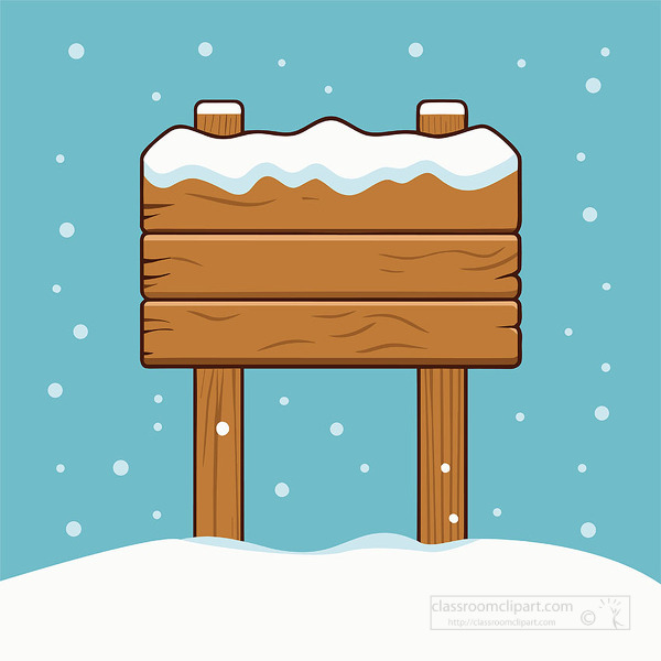 rustic wooden sign covered in snow standing in a snowy landscape with falling snowflakes