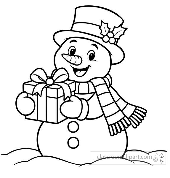 Black and white coloring page of a happy snowman wearing a holly hat and scarf while holding a wrapped Christmas gift