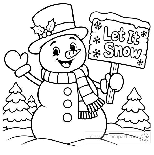 Black and white coloring page of a smiling snowman holding a Let It Snow sign in a snowy winter scene