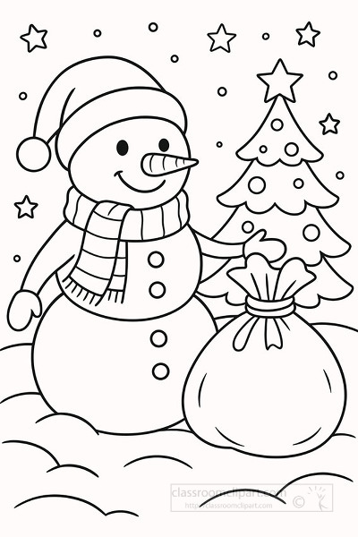 Cute snowman with a christmas tree and a gift sack surrounded by stars and snowflakes