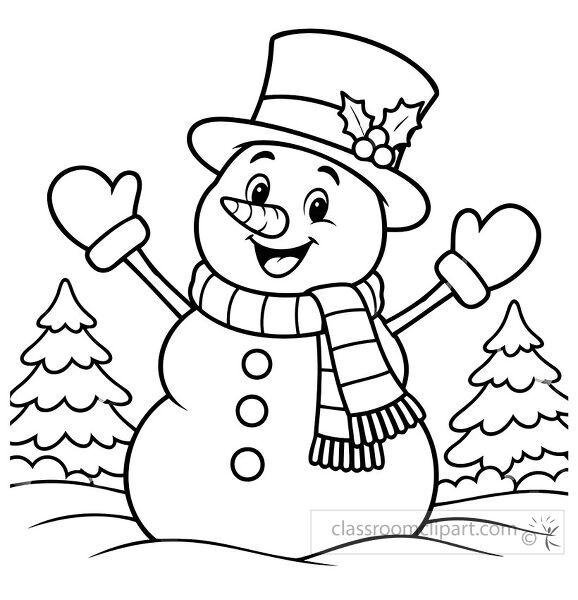 Black and white coloring page of a smiling snowman with raised mitten hands scarf top hat and snowy evergreen trees