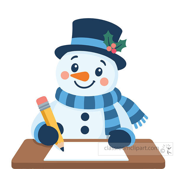 Smiling snowman wearing a top hat and scarf while writing with a pencil on a desk