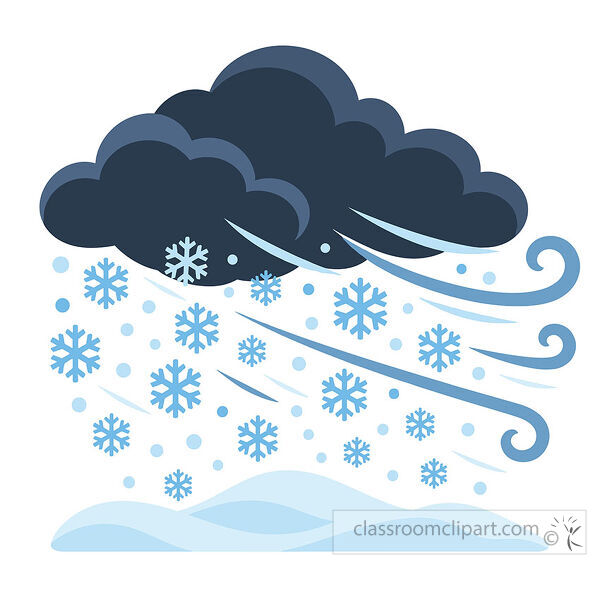 Dark snowstorm cloud dropping blue snowflakes with strong icy wind over snowdrifts