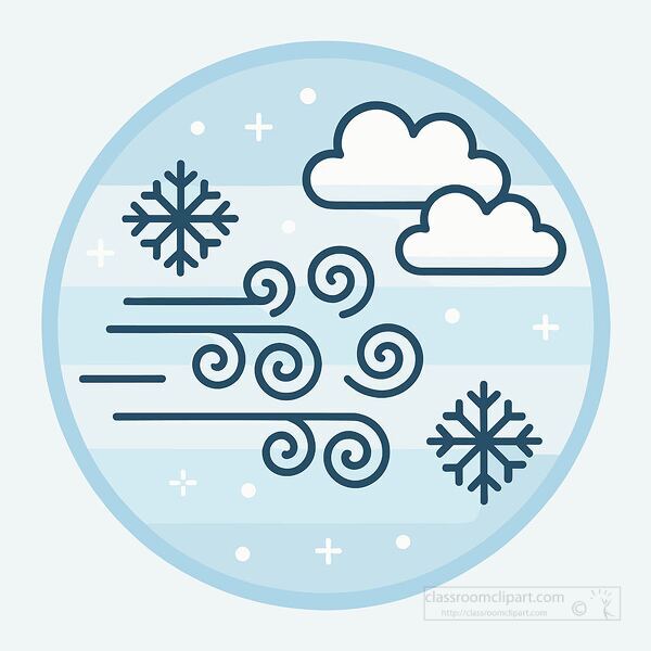 winter weather illustration showing swirling wind snowflakes and clouds in a cold atmosphere