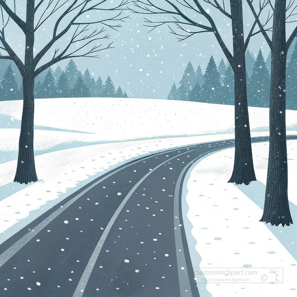 snowy winter landscape with a curved road lined by bare trees and a forest in the background during gentle snowfall