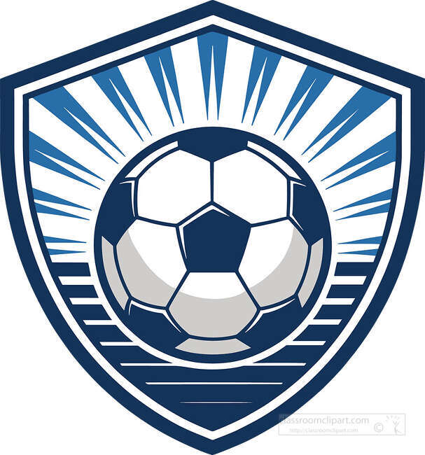 Soccer ball inside a navy shield badge with blue rays and horizontal stripe details