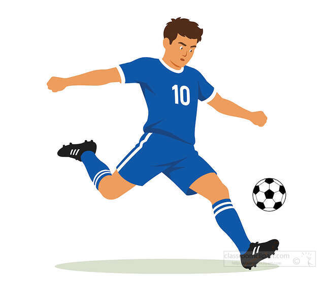 Soccer player wearing a blue jersey kicking a soccer ball