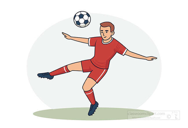 Soccer player in a red uniform kicking a ball with arms out for balance
