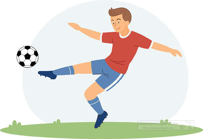 Soccer player in a red shirt and blue shorts kicking a black and white ball on grass