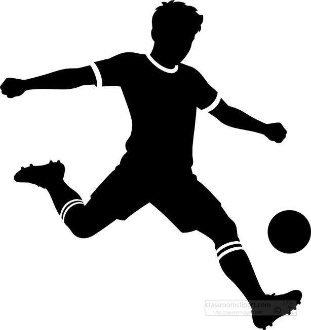 Black silhouette of a soccer player kicking a ball on a white background