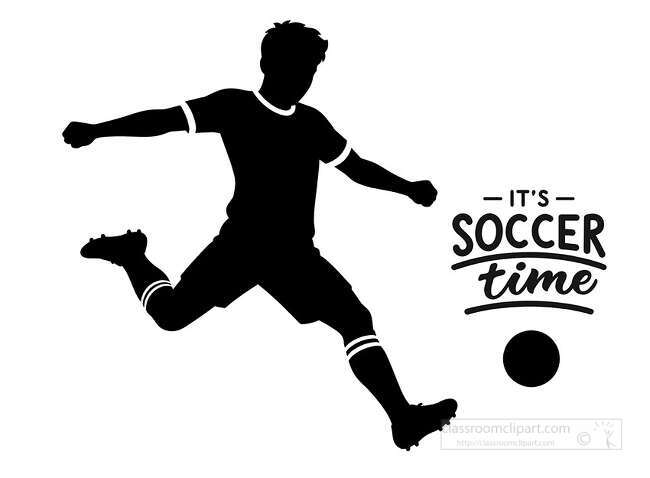 Black soccer player silhouette kicking a ball beside Its Soccer Time lettering