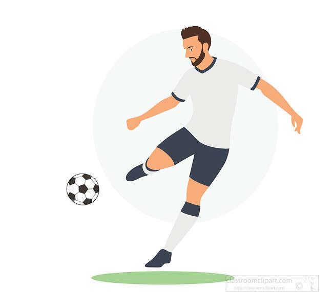 Soccer player in a white jersey and dark shorts kicking a soccer ball