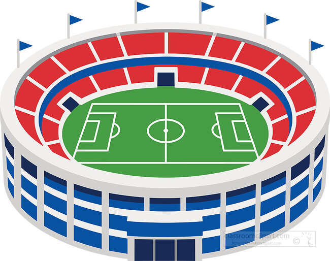 Soccer stadium with red seating blue exterior green field and small flags around the top