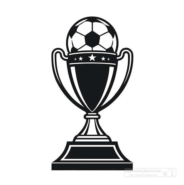 Black soccer trophy with handles star band pedestal base and soccer ball on top