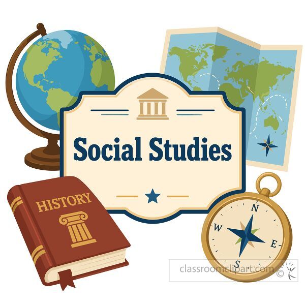 Social studies badge with globe world map history book compass and building symbol in cartoon clipart style