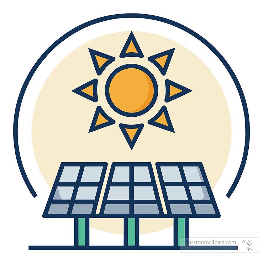 flat vector icon of solar energy with bright sun and panels for renewable energy and science education