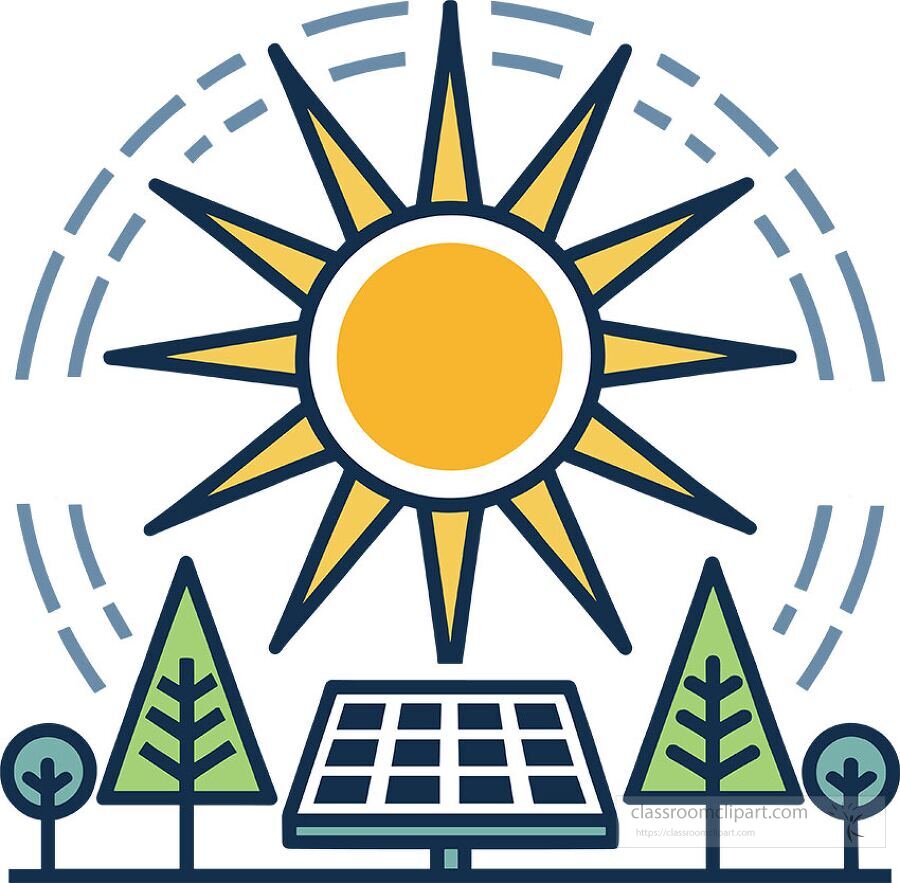 educational flat vector icon of solar energy with trees and radiant sun showing clean energy for sustainability topics