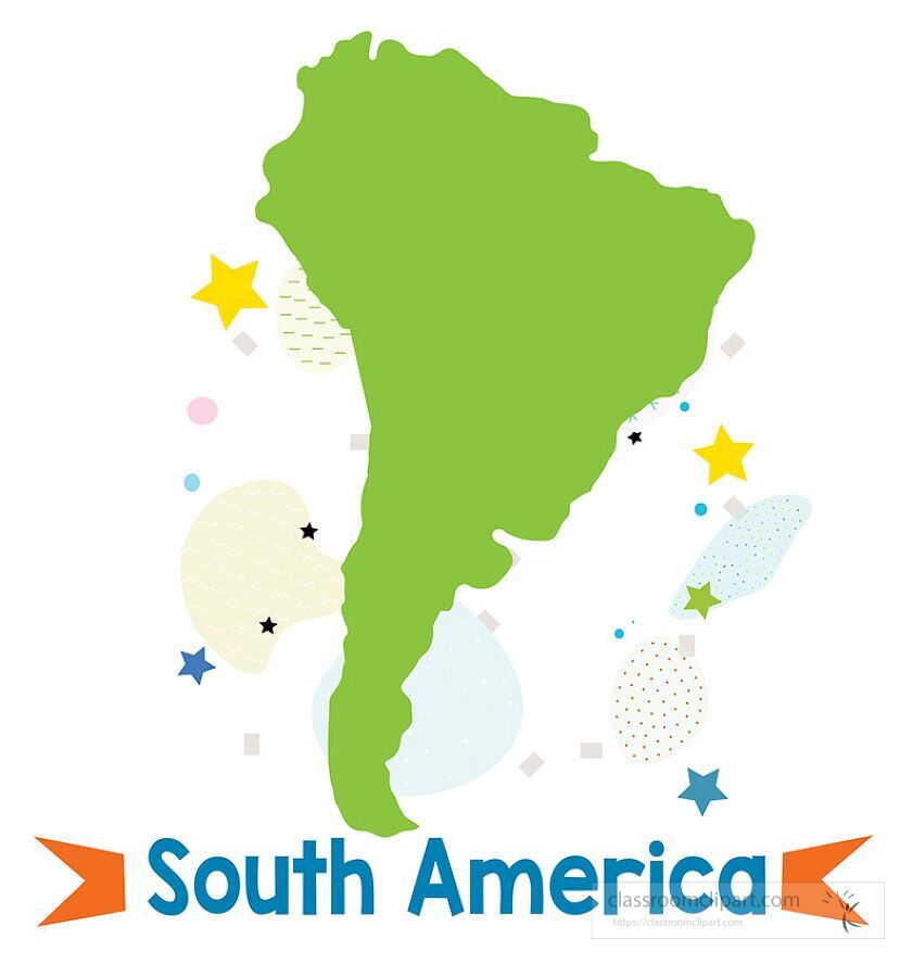 colorful stylized illustration of south america map in green with playful stars shapes and banners ideal for educational materials geography lessons and classroom decoration