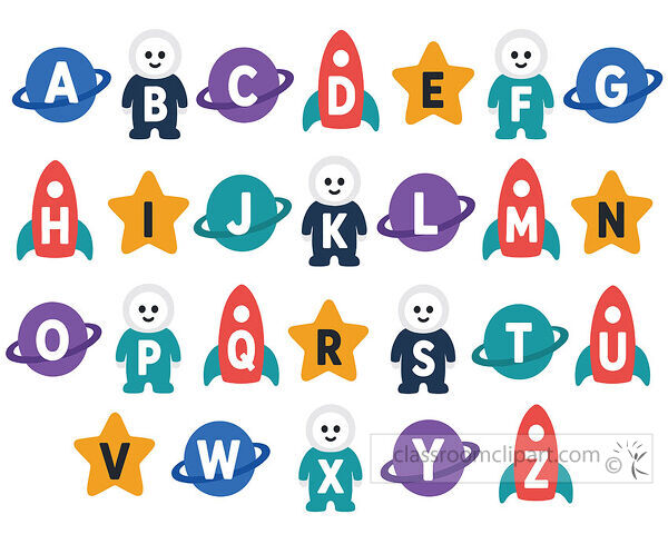 Space alphabet with letters on planets astronauts rockets and stars in colorful outer space shapes