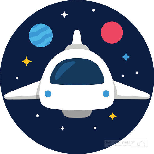 White space shuttle shown from the front with blue window planets stars and dark blue circular space background
