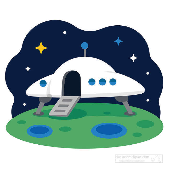 White spaceship landed on a green planet with open door ramp landing legs blue craters stars and dark space