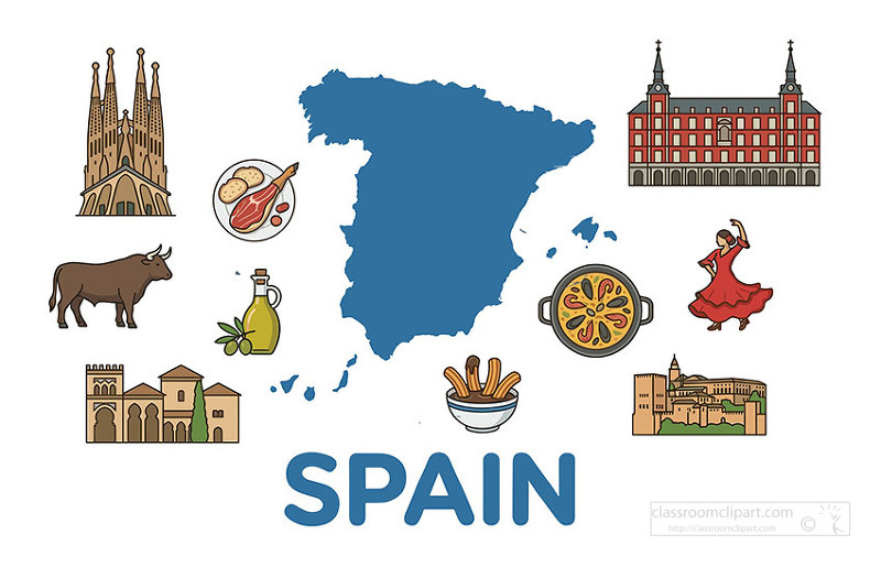 blue map of spain surrounded by churros paella flamenco dancer bull and historic buildings