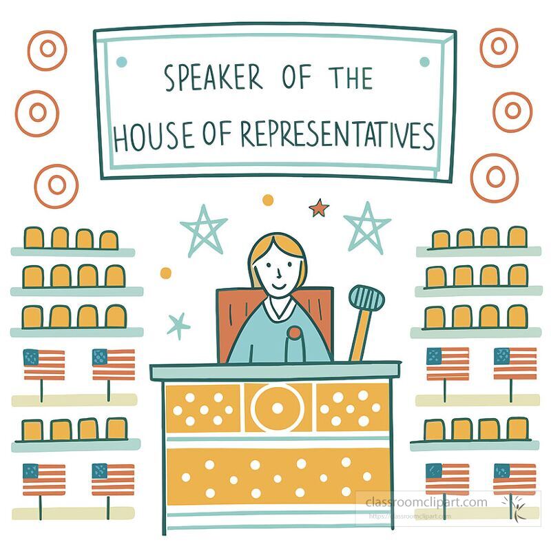 This artwork depicts a cartoon style representation of the speaker of the house seated at a desk surrounded by flags and podium elements The setting conveys a government theme