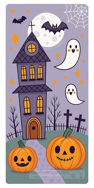 A haunted house illustration with glowing pumpkins bats spiders webs and cute ghosts under a full moon perfect for halloween fun and spooky decorations