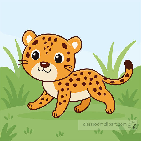 clipart of Spotted orange cheetah walks through green grass with tall plants and a pale blue sky behind it