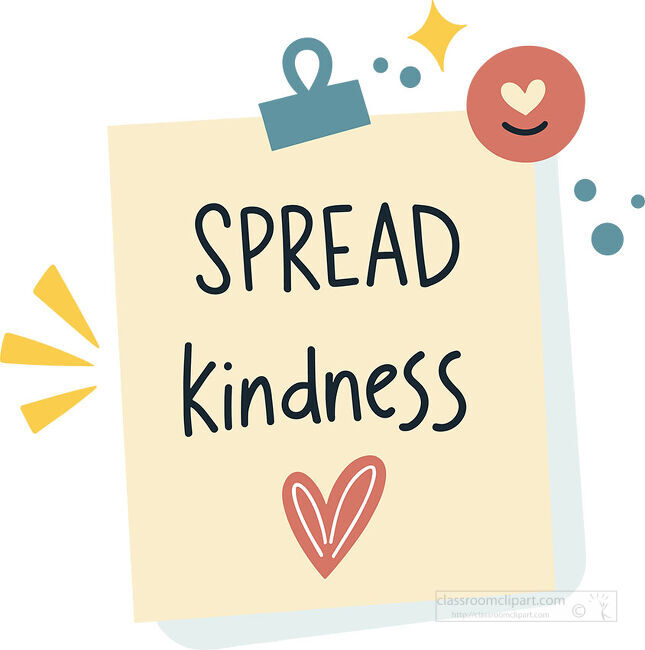 Cream sticky note clipped at the top with Spread Kindness lettering a heart and colorful decorative shapes